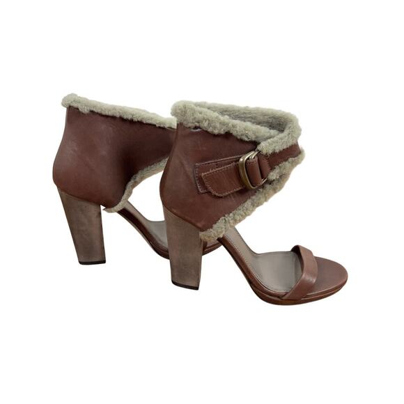 B45 BRUNELLO CUCINELLI Leather Fur Trim Heels Block Sandals EU 36 US 6 - Picture 4 of 12